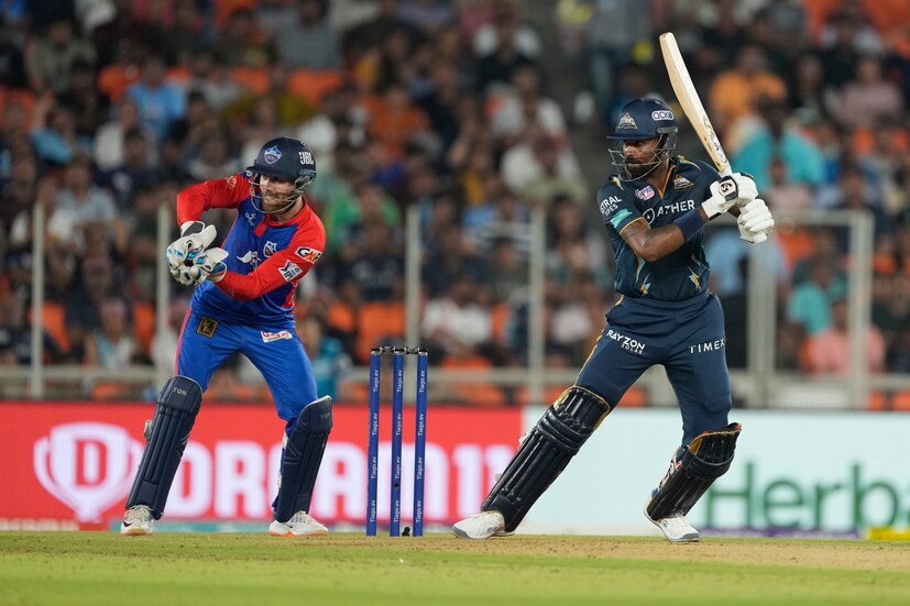 Gujarat Titans' captain Hardik Pandya, right, bats during the Indian Premier League cricket match between Gujarat Titans and Delhi Capitals in Ahmedabad, India, Tuesday, May 2, 2023. (AP Photo)