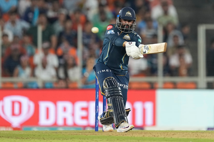 Gujarat Titans' Rahul Tewatia plays a shot during the Indian Premier League cricket match between Gujarat Titans and Delhi Capitals in Ahmedabad, India, Tuesday, May 2, 2023. (AP Photo)