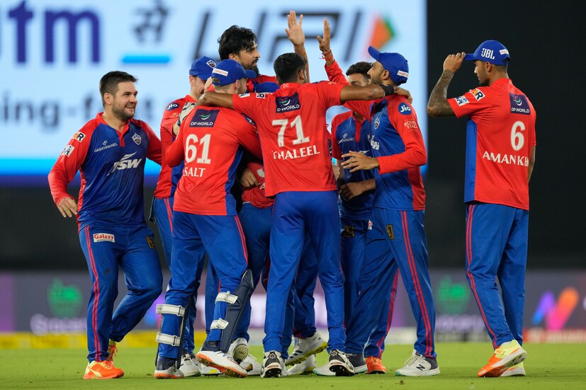 Delhi Capitals players celebrate their win in the Indian Premier League cricket match against Gujarat Titans in Ahmedabad, India, Tuesday, May 2, 2023. (AP Photo)