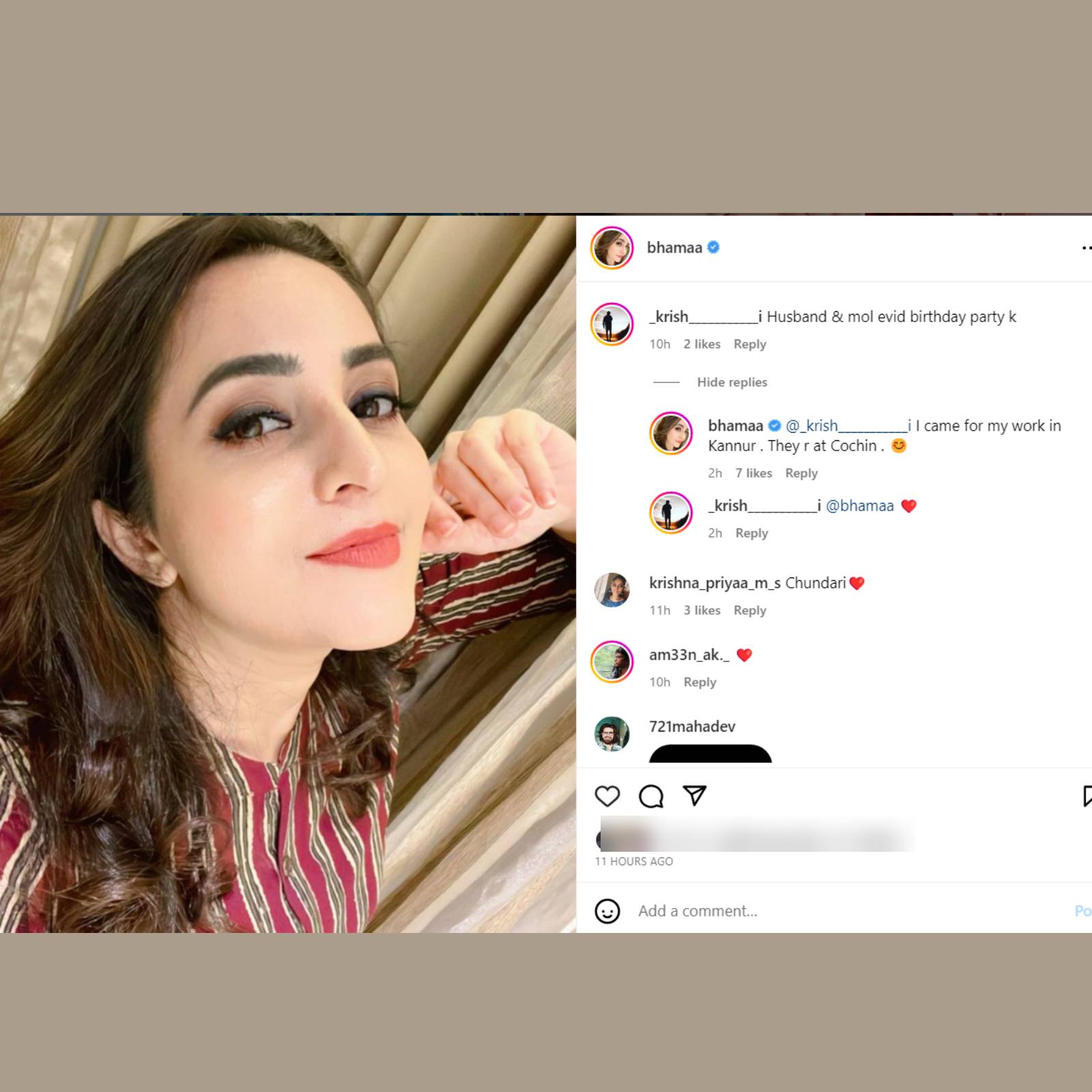  ഇൻസ്റ്റഗ്രാം പോസ്റ്റിൽ ഉയർന്ന ചോദ്യവും, അതിന് ഭാമ നൽകിയ മറുപടിയും