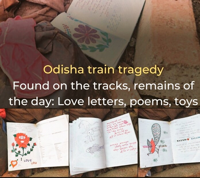  ആന, മത്സ്യം, സൂര്യൻ എന്നിവയുടെ ചിത്രങ്ങളും അടങ്ങിയിരുന്ന ഒരു ഡയറിയിൽ നിന്നുള്ള പേജുകളാണിത്. അപകടത്തിൽപെട്ടവരുടെ സ്വകാര്യ വസ്തുക്കൾക്കിടയിൽ നിന്നാണ് ഇവയും കണ്ടെത്തിയത്. ആരാണ് ഈ കവിതകളുടെ രചയിതാവ് എന്ന് ഇതുവരെ തിരിച്ചറിഞ്ഞിട്ടില്ല. ഈ എഴുത്തുകൾ ഒരു ബാക്ക്‌പാക്കിനും സഞ്ചിയ്ക്കും സമീപമായാണ് കണ്ടെത്തിയത്. എന്നാൽ ആരും ഇതിന്മേൽ അവകാശവാദം ഉന്നയിച്ചെത്തിയിട്ടുമില്ല. (Image: Twitter/ @shuklaBchandra)