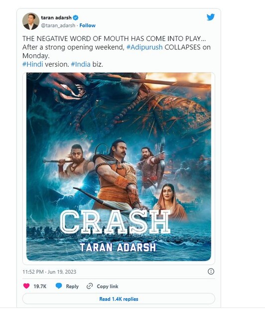  ചിത്രത്തെ ചുറ്റിപ്പറ്റിയുള്ള നെഗറ്റീവ് കമന്റുകൾ ബോക്സ് ഓഫീസ് കളക്ഷനെ ബാധിച്ചുവെന്നാണ് വിലയിരുത്തൽ. എല്ലാ ഭാഷകളിലെയും ചൊവ്വാഴ്ചത്തെ കളക്ഷൻ 10 കോടി മാത്രമാണ്. Sacnilk.com റിപ്പോർട്ട് പ്രകാരം ചൊവ്വാഴ്ച വിവിധ ഭാഷകളിൽ നിന്നായി രാജ്യത്തുടനീളമുള്ള തിയേറ്ററുകളിൽ നിന്ന് ചിത്രത്തിന് കളക്ഷൻ ഇനത്തിൽ കിട്ടിയത് 10.8 കോടി രൂപയാണ്. തിങ്കളാഴ്ചവരെ ചിത്രത്തിന് ആഗോളതലത്തിൽ 375 കോടി രൂപ ഗ്രോസ് കളക്ഷൻ ലഭിച്ചുവെന്നാണ് നിർമാണ കമ്പനിയായ ടി-സീരീസ് അവകാശപ്പെടുന്നത്.
