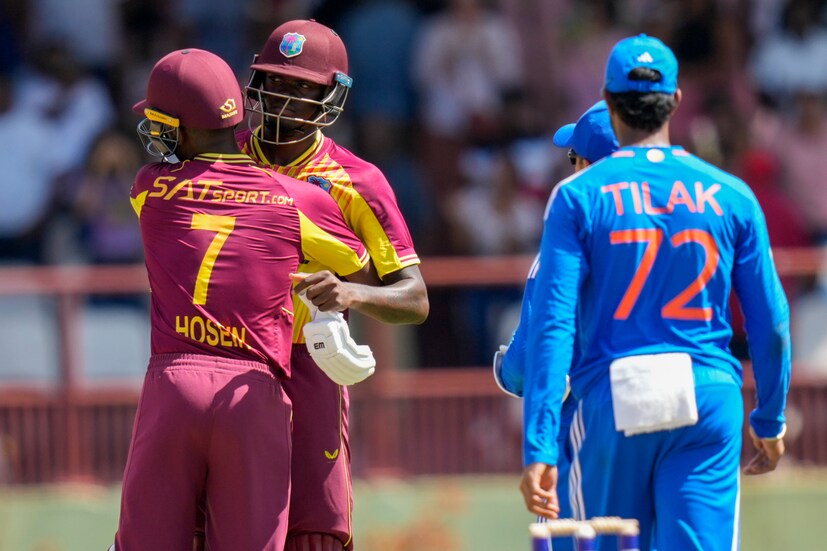 West Indies' Akeal Hosein and Alzarri Joseph kept their nerve and they helped the Windies remain in the contest and pick up a narrow 2-wicket win. (AP Photo)