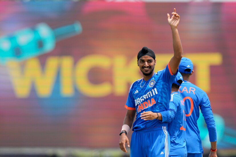 Kyle Mayers scored 12 runs in the first over before falling prey to Arshdeep Singh who continued his wicket-taking spree with the new ball. (AP Photo)