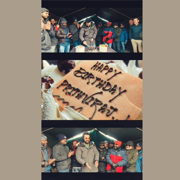  കൊടും തണുപ്പത്ത് ധരിക്കുന്ന ജാക്കറ്റും തൊപ്പിയും മറ്റുമായാണ് പൃഥ്വിരാജ് തന്റെ പിറന്നാൾ കേക്ക് മുറിക്കുന്ന ചിത്രത്തിൽ പ്രത്യക്ഷപ്പെട്ടത്. ഛായാഗ്രാഹകൻ സുജിത് വാസുദേവാണ് ആ ദൃശ്യം ഇൻസ്റ്റഗ്രാം സ്റ്റോറിയിൽ പോസ്റ്റ് ചെയ്തത്