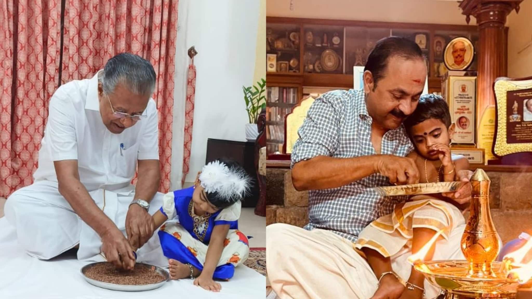 വിജയദശമി ദിനത്തിൽ കുട്ടികളെ എഴുത്തിനിരുത്തി മുഖ്യമന്ത്രിയും പ്രതിപക്ഷ നേതാവും