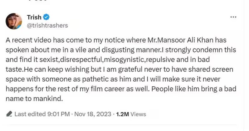 Mansoor Ali Khan Trisha, തൃഷ, മൻസൂർ അലിഖാന്‍, ലിയോ, നടി തൃഷ, തമിഴ് സിനിമ, Lokesh Kanagaraj, Trisha, Mansoor Ali Khan, Lokesh Mansoor Ali Khan, Leo, Mansoor Ali Khan Leo, entertainment news, malayalam film, tamil film,