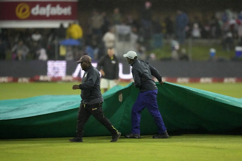 The covers were back on as India finished the first innings with a total of 180 on the board in 19.3 Overs (Image: AP)