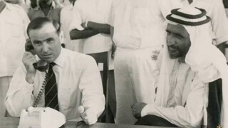 Watched by Sheikh Rashid, the British political resident Donald Hawley opens Dubai's telephone service on July 29, 1960. Photo: Lady Ruth Hawley
