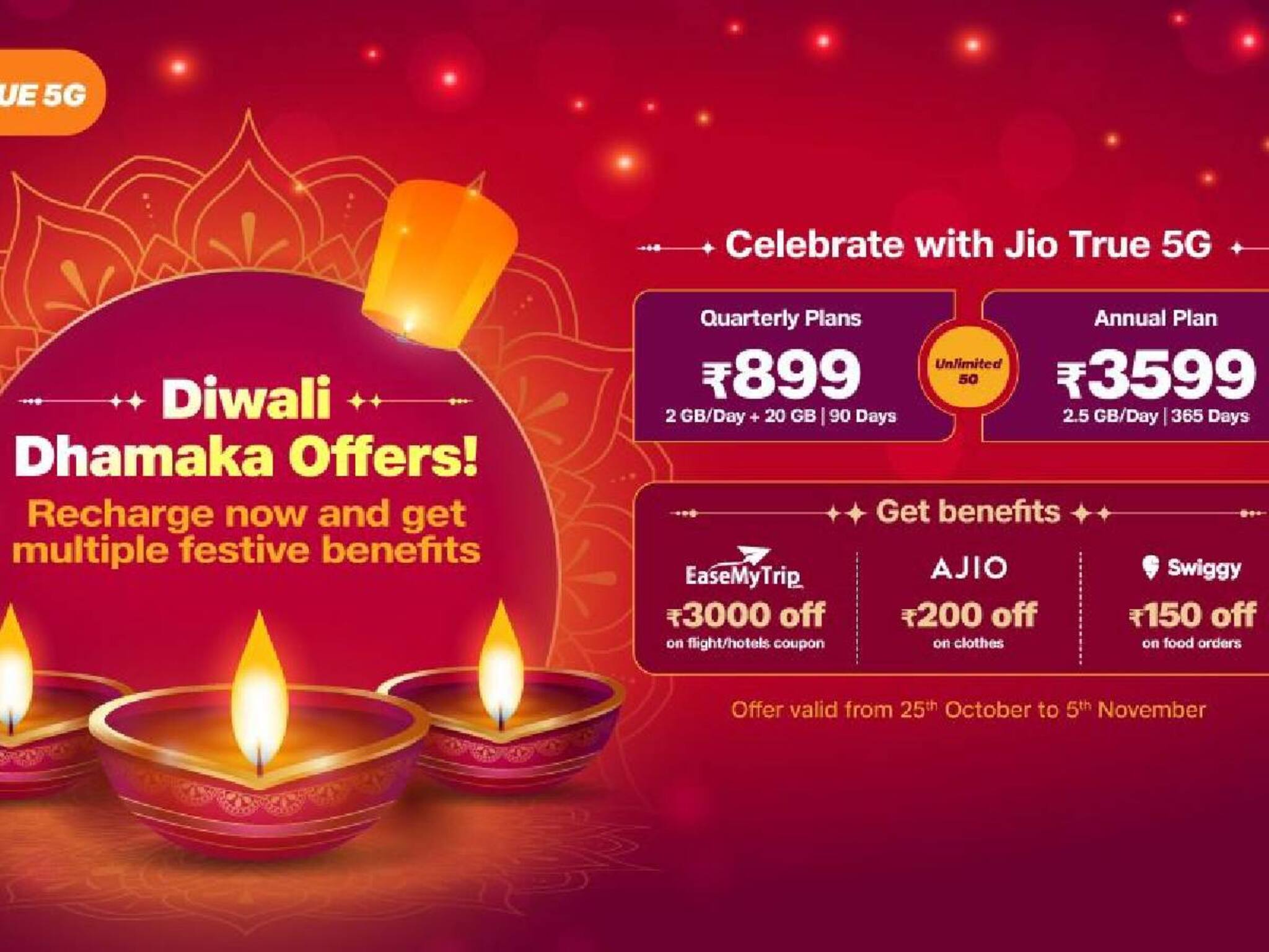 Jio | ജിയോ ട്രൂ 5ജി ദീപാവലി ധമാക്ക; പ്രീപെയ്ഡ് റീചാർജ് പ്ലാനുകൾക്കൊപ്പം എക്‌സ്‌ക്ലൂസീവ് ആനുകൂല്യങ്ങളും
