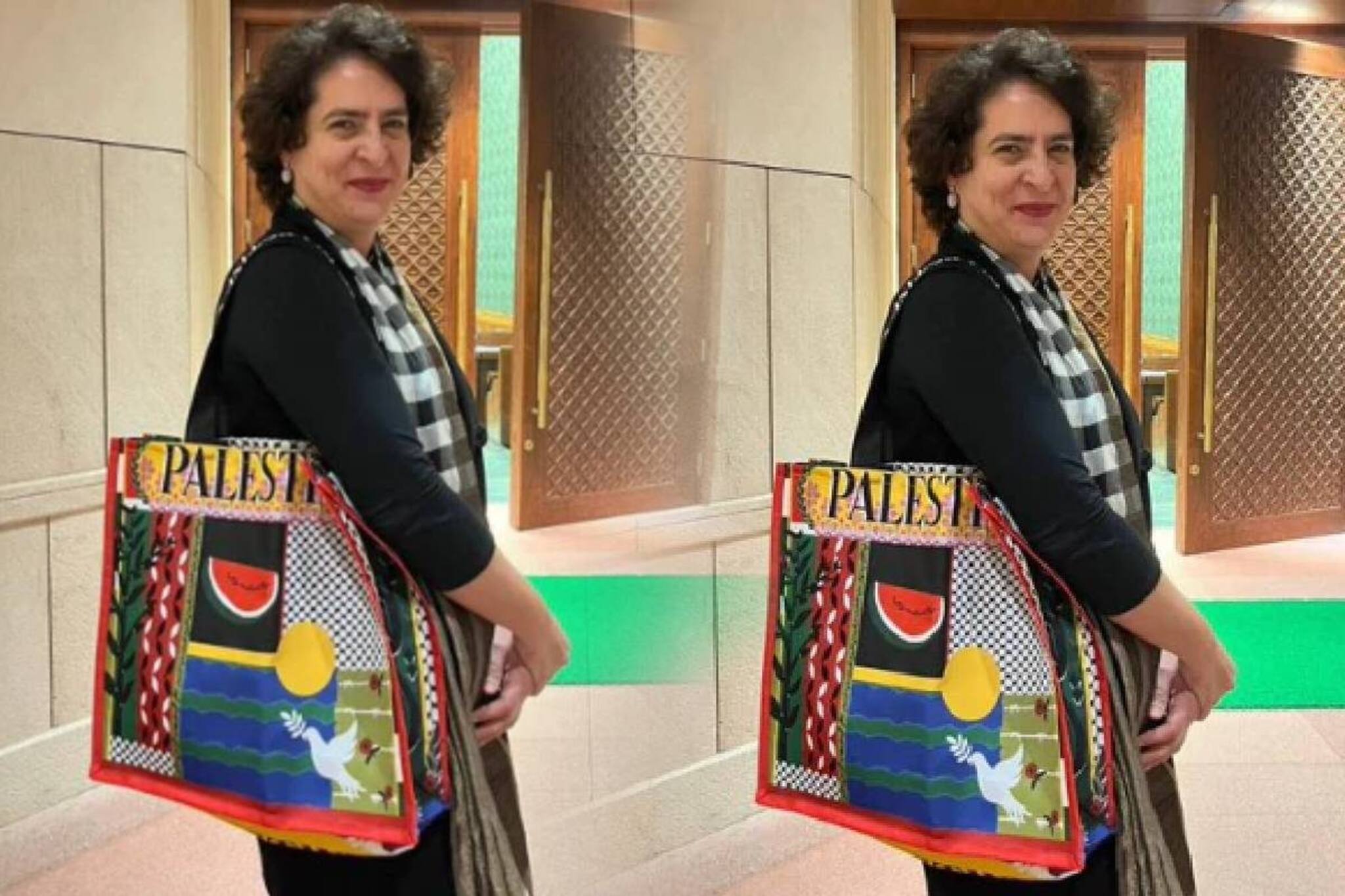 പാലസ്തീൻ ഐക്യദാർഢ്യ ബാഗുമായി പ്രിയങ്ക ഗാന്ധി പാർലമെന്റിൽ; കോൺഗ്രസ് വക്താവ് ഷമാ മുഹമ്മദ് പങ്കുവച്ച ചിത്രം വൈറൽ