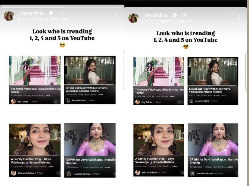 കഴിഞ്ഞ ദിവസം അഹാനയും, ദിയയും ഇഷനായിയും ഹൻസികയുമാണ് യൂട്യൂബ് ട്രെൻഡിങ് ലിസ്റ്റിൽ ഓരോ റാങ്കിലും നിറഞ്ഞത്. എല്ലാം ദിയ കൃഷ്ണയുടെ വളകാപ്പ് ചടങ്ങുമായി ബന്ധപ്പെട്ടായിരുന്നു. ദിയയുടെ വളകാപ്പ് വീഡിയോ ആണ് ട്രെൻഡിങ് ലിസ്റ്റിൽ ഒന്നാമത്. ഇതേ ചടങ്ങിലേക്കുള്ള അഹാനയുടെ 'ഈറ്റ് ആൻഡ് ഗെറ്റ് റെഡി വിത്ത് മി' ആണ് രണ്ടാം സ്ഥാനത്ത്.  ഇഷാനിയുടെ 'ഗെറ്റ് റെഡി വിത്ത് മി' നാലാം സ്ഥാനത്തുണ്ട്. ഹൻസികയുടെ വീഡിയോ ആണ് അഞ്ചാം സ്ഥാനത്ത്. കുറ്റം പറഞ്ഞവർക്ക് ഇപ്പോൾ ഈ നാലു പെണ്മക്കളുടെ നേട്ടം എന്തെന്ന് കണ്ടുമനസിലാക്കാവുന്നതാണ്