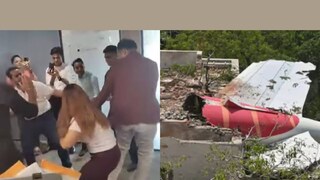 വിവാദ പാർട്ടിയിലെ ദൃശ്യം (ഇടത്), അഹമ്മദാബാദ് വിമാനാപകടത്തിൽ നിന്നും (വലത്)