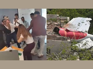 വിവാദ പാർട്ടിയിലെ ദൃശ്യം (ഇടത്), അഹമ്മദാബാദ് വിമാനാപകടത്തിൽ നിന്നും (വലത്)