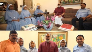 കന്യാസ്ത്രീകളായ സിസ്റ്റര്‍ പ്രീതിയും സിസ്റ്റര്‍ വന്ദന ഫ്രാന്‍സിസും ബന്ധുക്കള്‍ക്കൊപ്പം ഡൽഹിയിലെത്തി ബിജെപി സംസ്ഥാന അധ്യക്ഷൻ രാജീവ് ചന്ദ്രശേഖറിനെ കണ്ടു