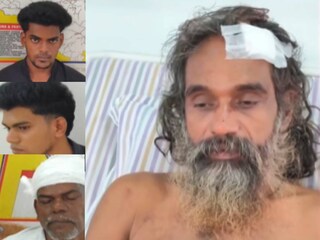 അറസ്റ്റിലായ പ്രതികൾ (ഇടത്), പരിക്കേറ്റ പൂജാരി (വലത്)