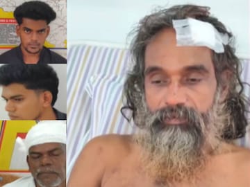 അറസ്റ്റിലായ പ്രതികൾ (ഇടത്), പരിക്കേറ്റ പൂജാരി (വലത്)