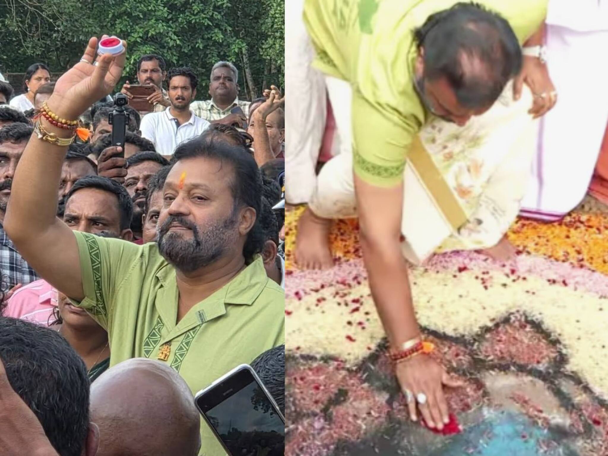 അത്തപ്പൂക്കള വിവാദം; കൊല്ലം മുതുപിലാക്കാട് പാർത്ഥസാരഥി ക്ഷേത്രത്തിലെ പൂക്കളത്തിൽ സിന്ദൂരം പതിപ്പിച്ച് സുരേഷ് ഗോപി