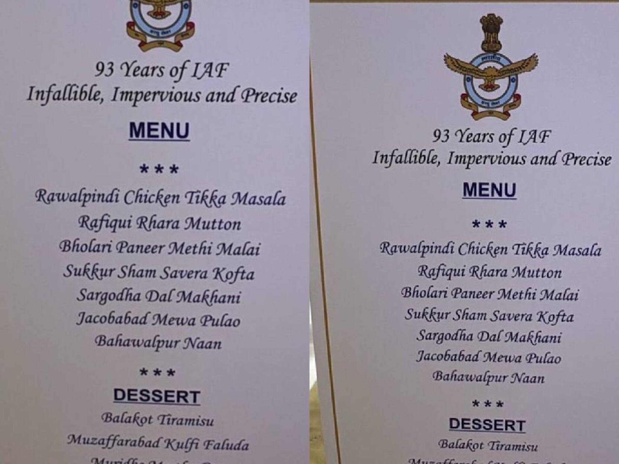 റാവൽപിണ്ടി ചിക്കൻ ടിക്ക മുതൽ ബാലകോട്ട് തിരമിസു വരെ: അത്താഴ മേശയിൽ പാകിസ്ഥാനെ ട്രോളി ഇന്ത്യൻ വ്യോമസേന