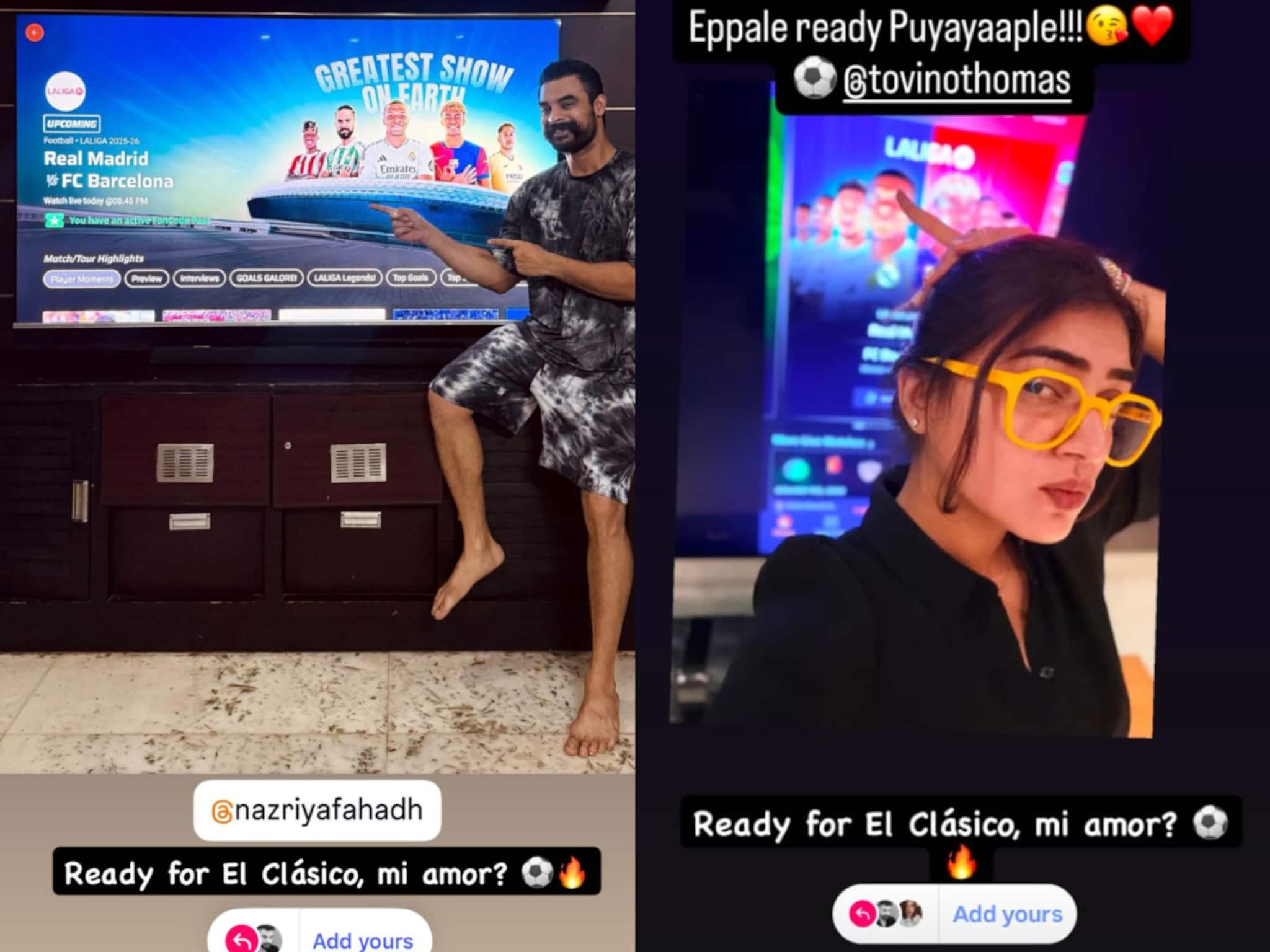 'എപ്പളേ റെഡി പുയ്യാപ്ലേ' എന്ന് നസ്രിയ! എല്‍ ക്ലാസിക്കോ പോരാട്ടത്തിന് മുമ്പ് നസ്രിയയെ ടാഗ് ചെയ്ത് ടൊവിനോ