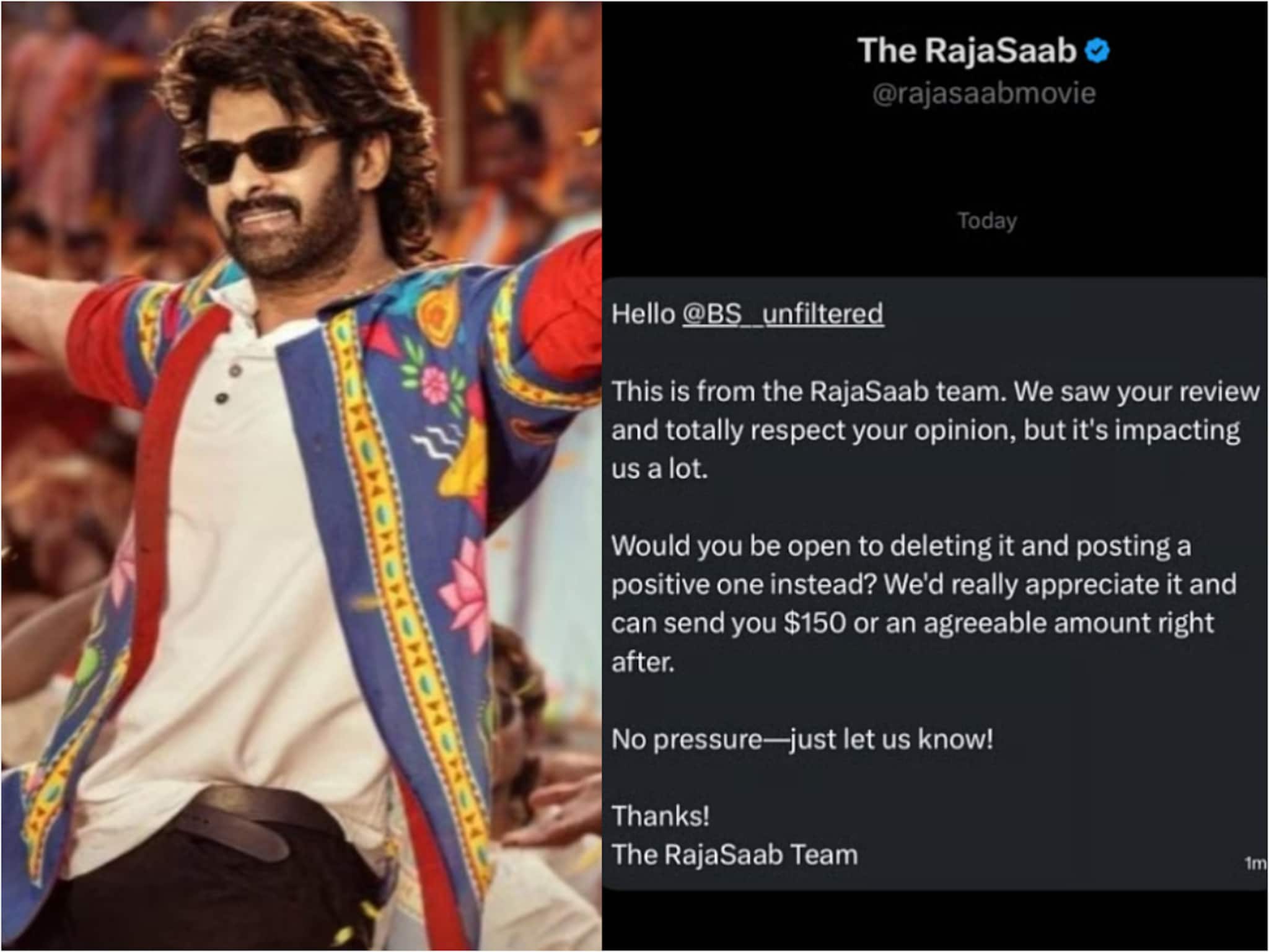 നെഗറ്റീവ് റിവ്യൂ എടുത്തുമാറ്റിയാൽ 14,000 രൂപ; പ്രഭാസിന്റെ 'ദി രാജാസാബ്' സംബന്ധിച്ച് പുതിയ വിവാദം നെഗറ്റീവ് റിവ്യൂ എടുത്തുമാറ്റിയാൽ 14,000 രൂപ; പ്രഭാസിന്റെ 'ദി രാജാസാബ്' സംബന്ധിച്ച് പുതിയ വിവാദം