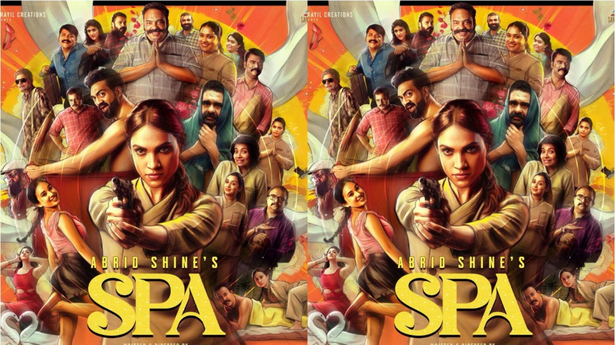 തോക്ക് ചൂണ്ടി നിൽക്കുന്ന ശ്രുതി മേനോൻ ഒപ്പം സിദ്ധാർഥ് ഭരതൻ, മേജർ രവി; എബ്രിഡ് ഷൈൻ ചിത്രം 'സ്പാ' ഫെബ്രുവരിയിൽ