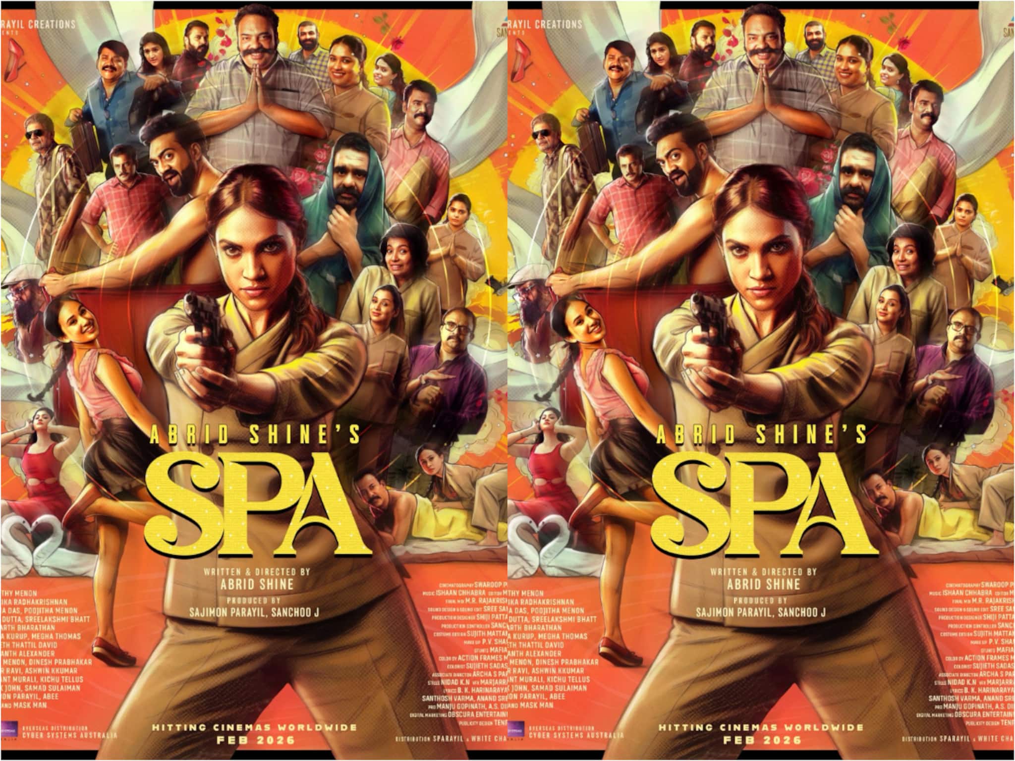 തോക്ക് ചൂണ്ടി നിൽക്കുന്ന ശ്രുതി മേനോൻ ഒപ്പം സിദ്ധാർഥ് ഭരതൻ, മേജർ രവി; എബ്രിഡ് ഷൈൻ ചിത്രം 'സ്പാ' ഫെബ്രുവരിയിൽ തോക്ക് ചൂണ്ടി നിൽക്കുന്ന ശ്രുതി മേനോൻ ഒപ്പം സിദ്ധാർഥ് ഭരതൻ, മേജർ രവി; എബ്രിഡ് ഷൈൻ ചിത്രം 'സ്പാ' ഫെബ്രുവരിയിൽ