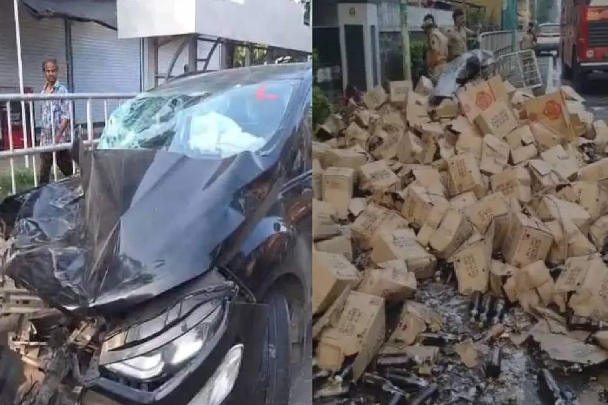 കോഴിക്കോട് മദ്യവുമായെത്തിയ ലോറി കാറുമായി കൂട്ടിയിടിച്ച് ഡ്രൈവർ മരിച്ചു; മദ്യക്കുപ്പികൾ റോഡിൽ ചിതറി