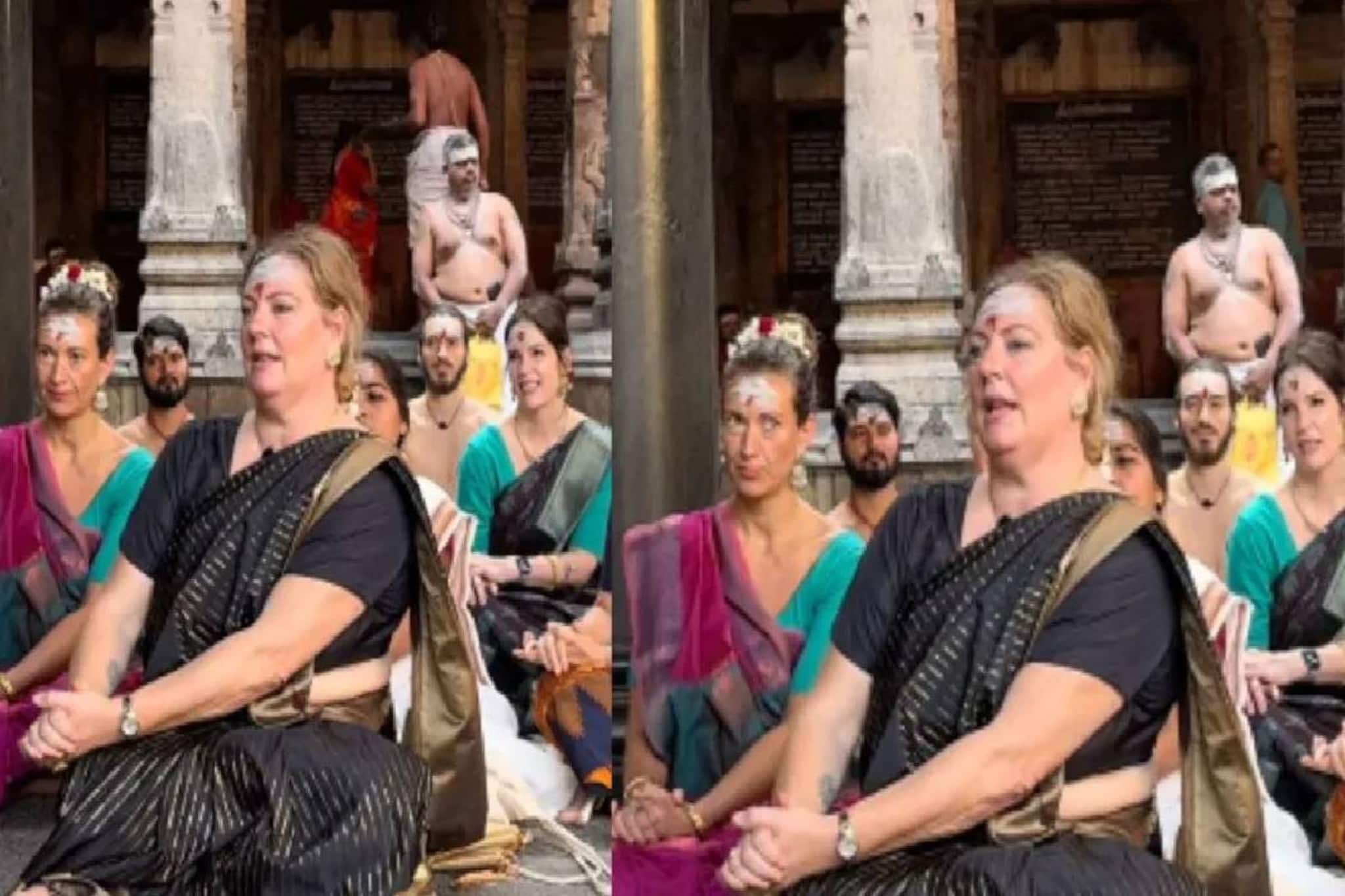 തമിഴ്നാട്ടിലെ നടരാജ ക്ഷേത്രത്തിൽ നടന്ന ഹോമത്തിൽ പട്ടു സാരിയുടുത്ത് വിദേശ വനിതകൾ തമിഴ്നാട്ടിലെ നടരാജ ക്ഷേത്രത്തിൽ നടന്ന ഹോമത്തിൽ പട്ടു സാരിയുടുത്ത് വിദേശ വനിതകൾ