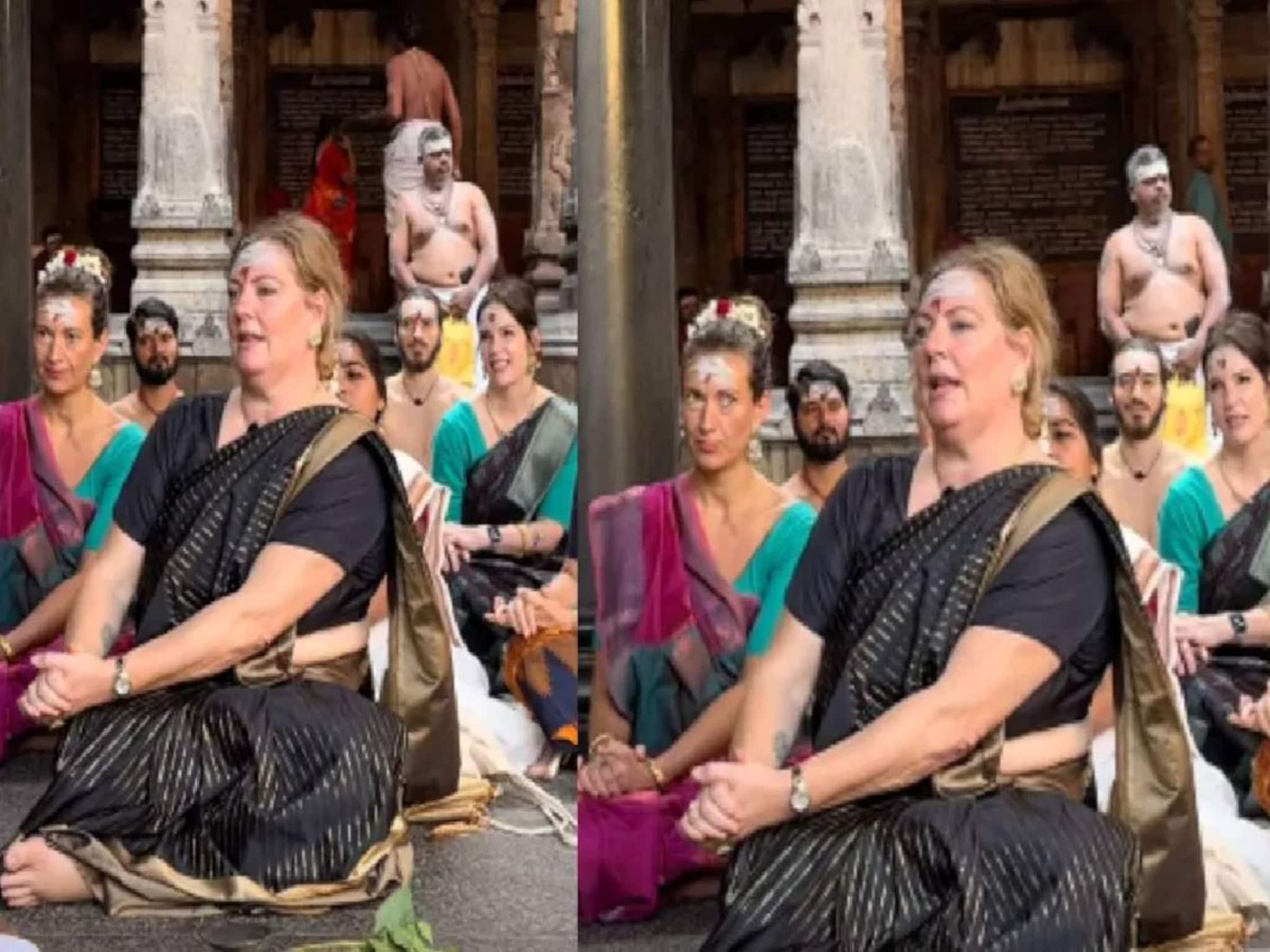 തമിഴ്നാട്ടിലെ നടരാജ ക്ഷേത്രത്തിൽ നടന്ന ഹോമത്തിൽ പട്ടു സാരിയുടുത്ത് വിദേശ വനിതകൾ തമിഴ്നാട്ടിലെ നടരാജ ക്ഷേത്രത്തിൽ നടന്ന ഹോമത്തിൽ പട്ടു സാരിയുടുത്ത് വിദേശ വനിതകൾ