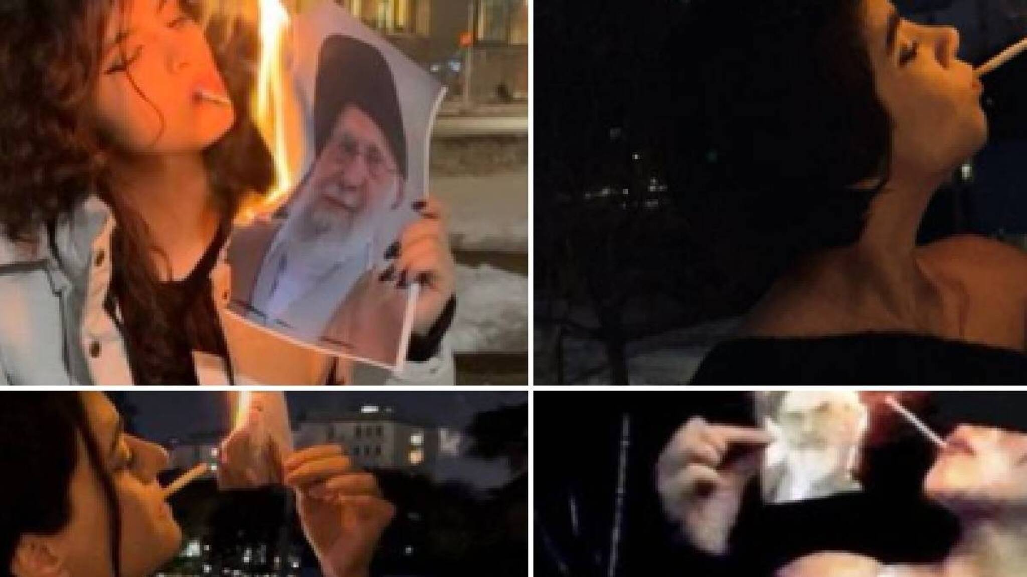 ഇറാനിലെ പരമോന്നത നേതാവിന്റെ ചിത്രം കത്തിച്ച് സിഗരറ്റ് വലിച്ചു പുകവിടുന്ന സ്ത്രീകള്‍; ദൃശ്യം വൈറൽ