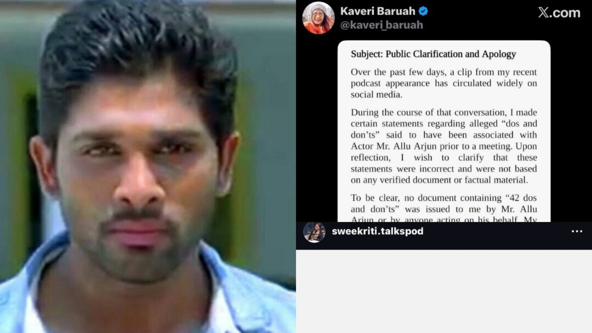 അല്ലു അർജുനെതിരായ ആരോപണം: ക്ഷമ ചോദിച്ച് കാവേരി ബറുവ, ആരേയും അപമാനിക്കാൻ ഉദ്ദേശിച്ചിട്ടില്ലെന്ന് സ്വീകൃതി