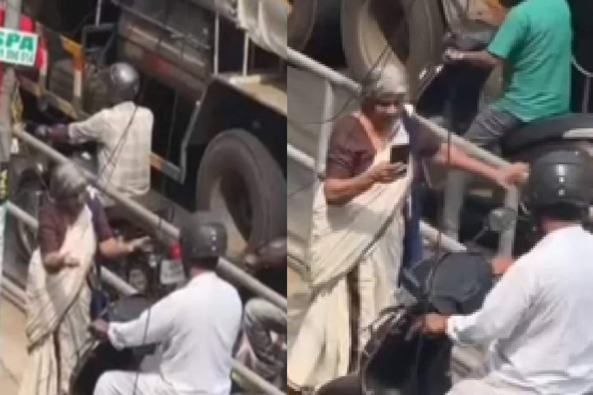 അത് റോഡിൽ മതി മോനെ ! നടപ്പാതയിൽ ഇരുചക്രവാഹനമോടിച്ചയാളെ തടഞ്ഞ വയോധികയുടെ വീഡിയോ വൈറൽ