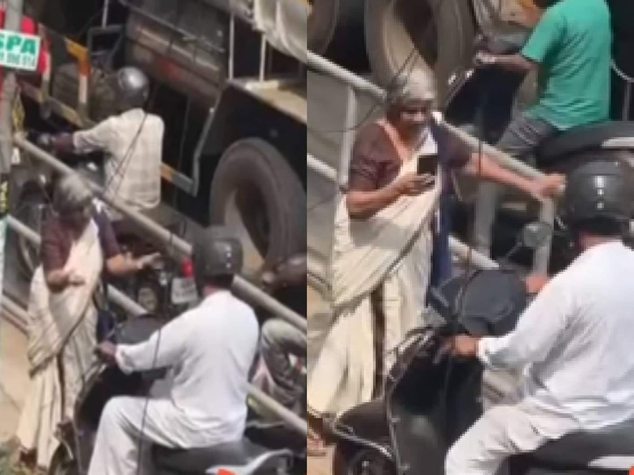 അത് റോഡിൽ മതി മോനെ ! നടപ്പാതയിൽ ഇരുചക്രവാഹനമോടിച്ചയാളെ തടഞ്ഞ വയോധികയുടെ വീഡിയോ വൈറൽ