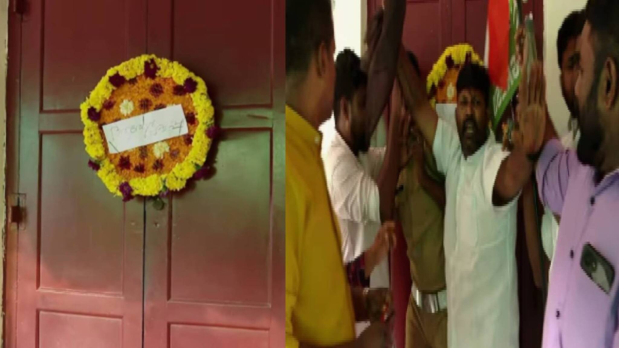 രോഗിയുടെ വയറ്റിൽ കത്രിക:ആരോഗ്യമന്ത്രിയുടെ വീടിന് മുന്നില്‍ കയറി യൂത്ത് കോൺഗ്രസ്‌  വാതിലില്‍ റീത്ത് വെച്ചു