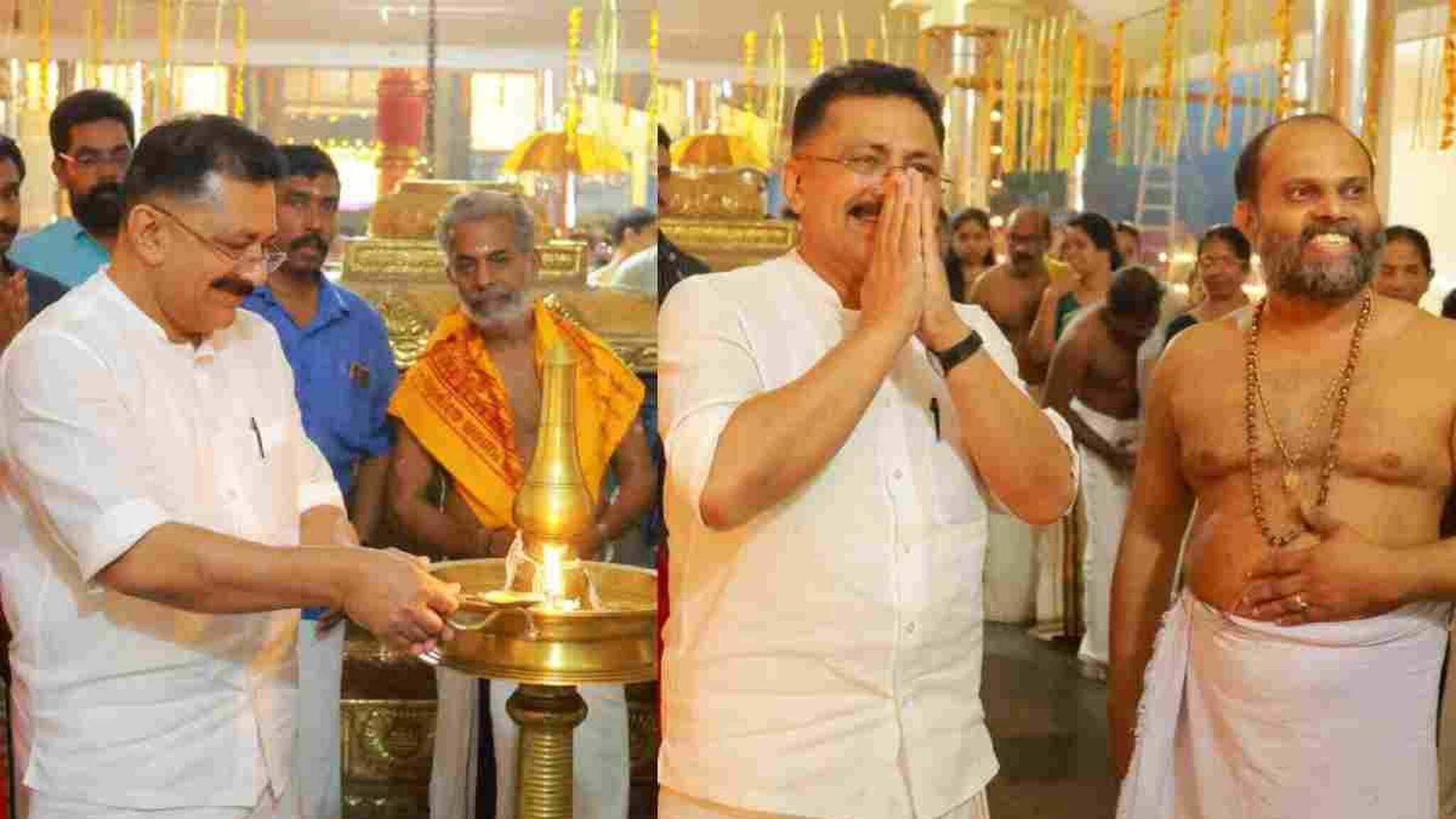 പൊന്നിൻ വെളിച്ചത്തിൽ കാണാൻ എന്തൊരു ഭംഗിയാണെന്നോ? പെരുമ്പറമ്പ് ശിവക്ഷേത്രത്തിലെ നിലവിളക്ക് തെളിച്ച് കെ ടി ജലീൽ