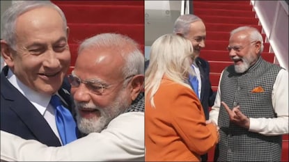 വിമാനത്താവളത്തിൽ എത്തിയ പ്രധാനമന്ത്രിയെ നെതന്യാഹു കെട്ടിപ്പിടിച്ച് സ്വീകരിക്കുന്നു വിമാനത്താവളത്തിൽ എത്തിയ പ്രധാനമന്ത്രിയെ നെതന്യാഹു കെട്ടിപ്പിടിച്ച് സ്വീകരിക്കുന്നു