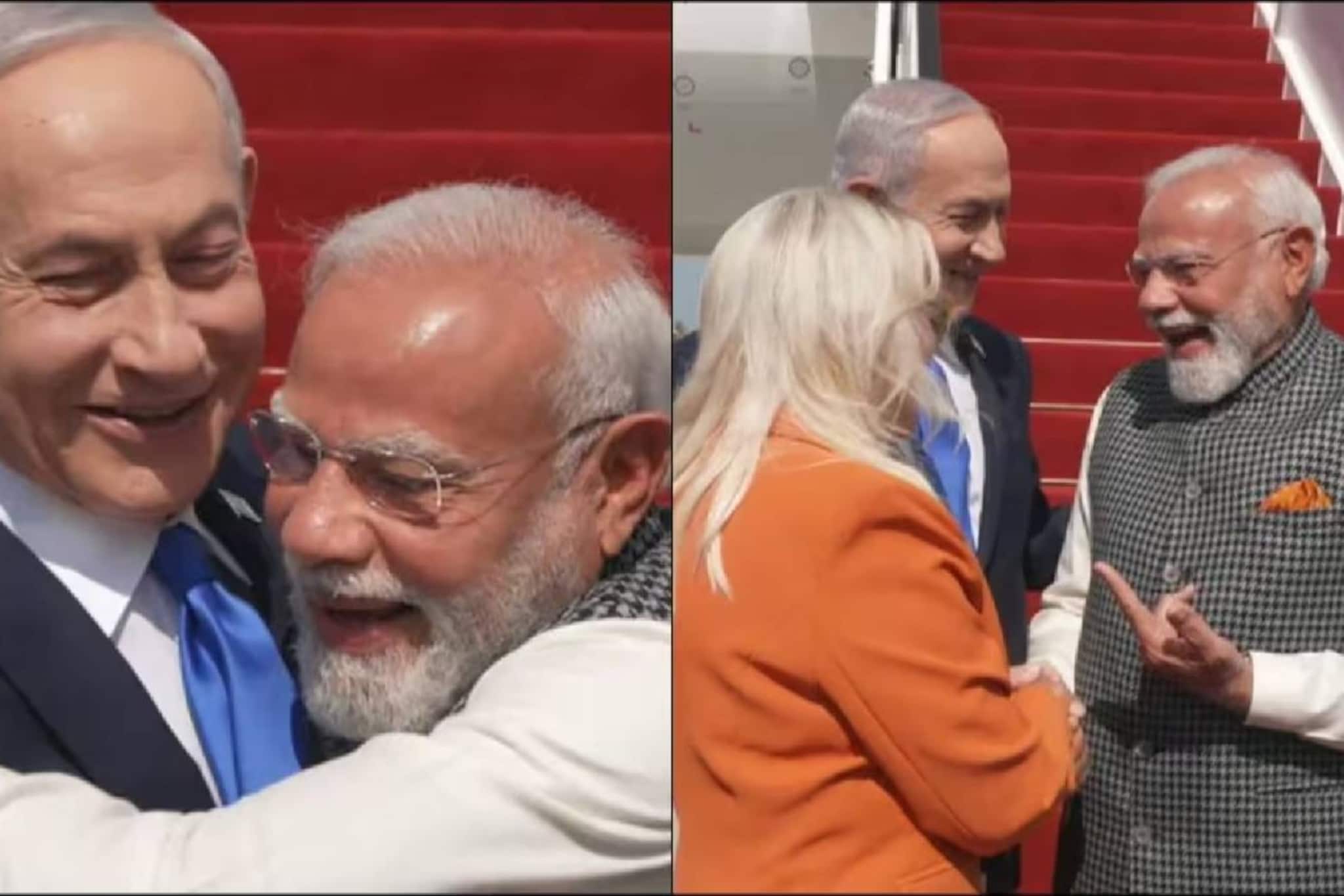 ഇസ്രായേലിലെത്തിയ പ്രധാനമന്ത്രി നരേന്ദ്രമോദിയെ വിമാനത്താവളത്തിലെത്തി ആലിംഗനം ചെയ്ത് നെതന്യാഹു ഇസ്രായേലിലെത്തിയ പ്രധാനമന്ത്രി നരേന്ദ്രമോദിയെ വിമാനത്താവളത്തിലെത്തി ആലിംഗനം ചെയ്ത് നെതന്യാഹു
