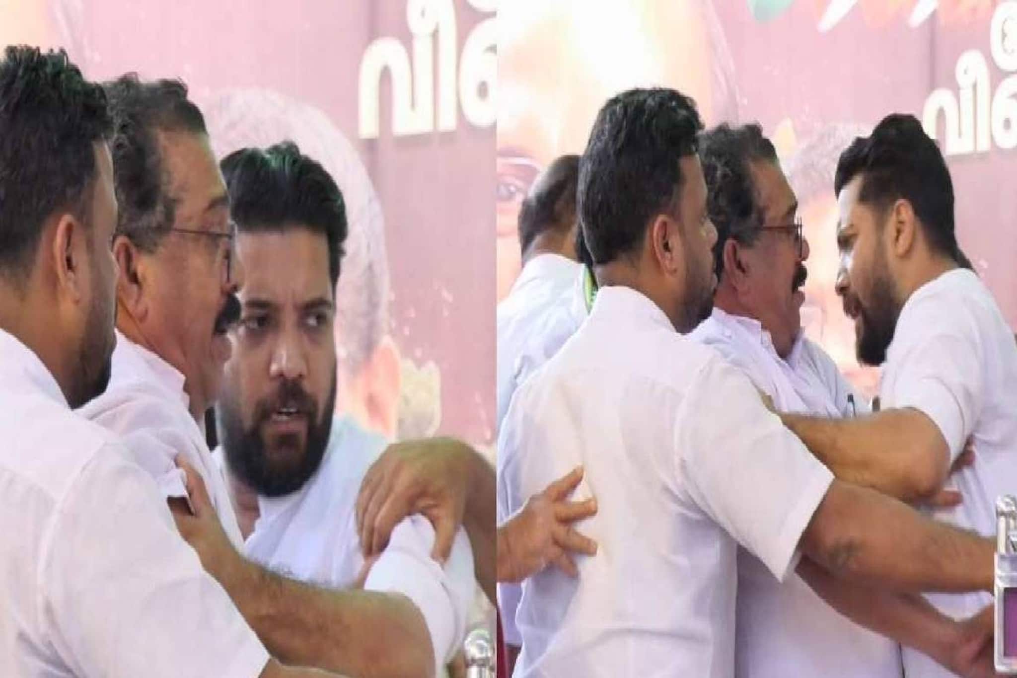 ഷാഫി പറമ്പിൽ ഡിസിസി സെക്രട്ടറിയെ തള്ളിമാറ്റി;മുല്ലപ്പള്ളി താഴെ വീണു;സതീശന്‍റെ പുതുയു​ഗ യാത്രാ വേദി ദൃശ്യങ്ങൾ വൈറൽ