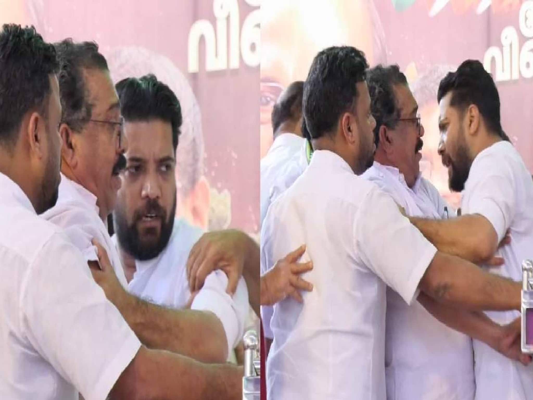 ഷാഫി പറമ്പിൽ ഡിസിസി സെക്രട്ടറിയെ തള്ളിമാറ്റി;മുല്ലപ്പള്ളി താഴെ വീണു;സതീശന്‍റെ പുതുയു​ഗ യാത്രാ വേദി ദൃശ്യങ്ങൾ വൈറൽ