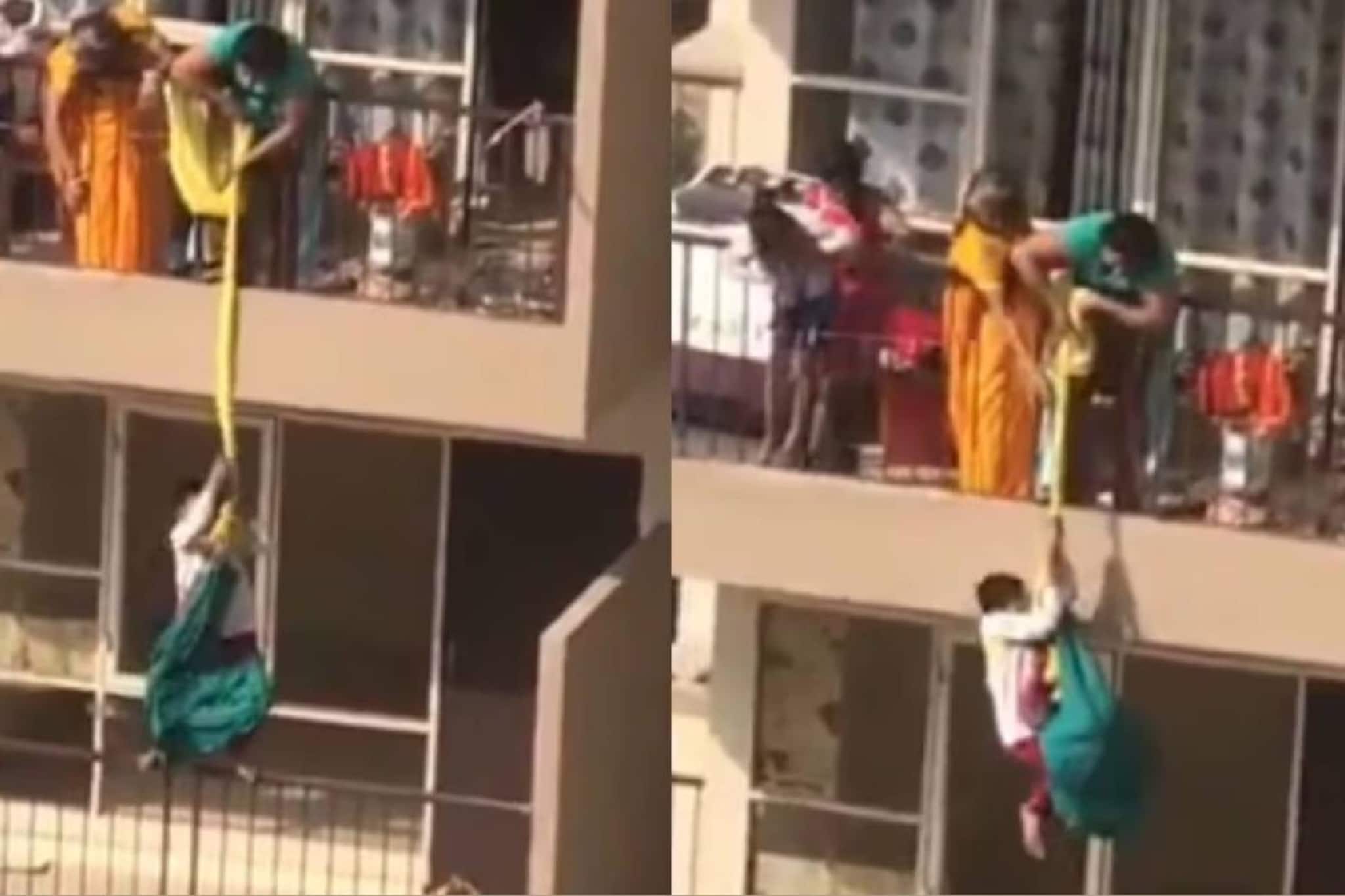 അമ്മയുടെ സാരി വീണുപോയി; പത്താം നിലയുടെ ബാൽക്കണിയിൽ നിന്നും മകനെ കെട്ടിയിറക്കുന്ന വീഡിയോ ദൃശ്യം അമ്മയുടെ സാരി വീണുപോയി; പത്താം നിലയുടെ ബാൽക്കണിയിൽ നിന്നും മകനെ കെട്ടിയിറക്കുന്ന വീഡിയോ ദൃശ്യം