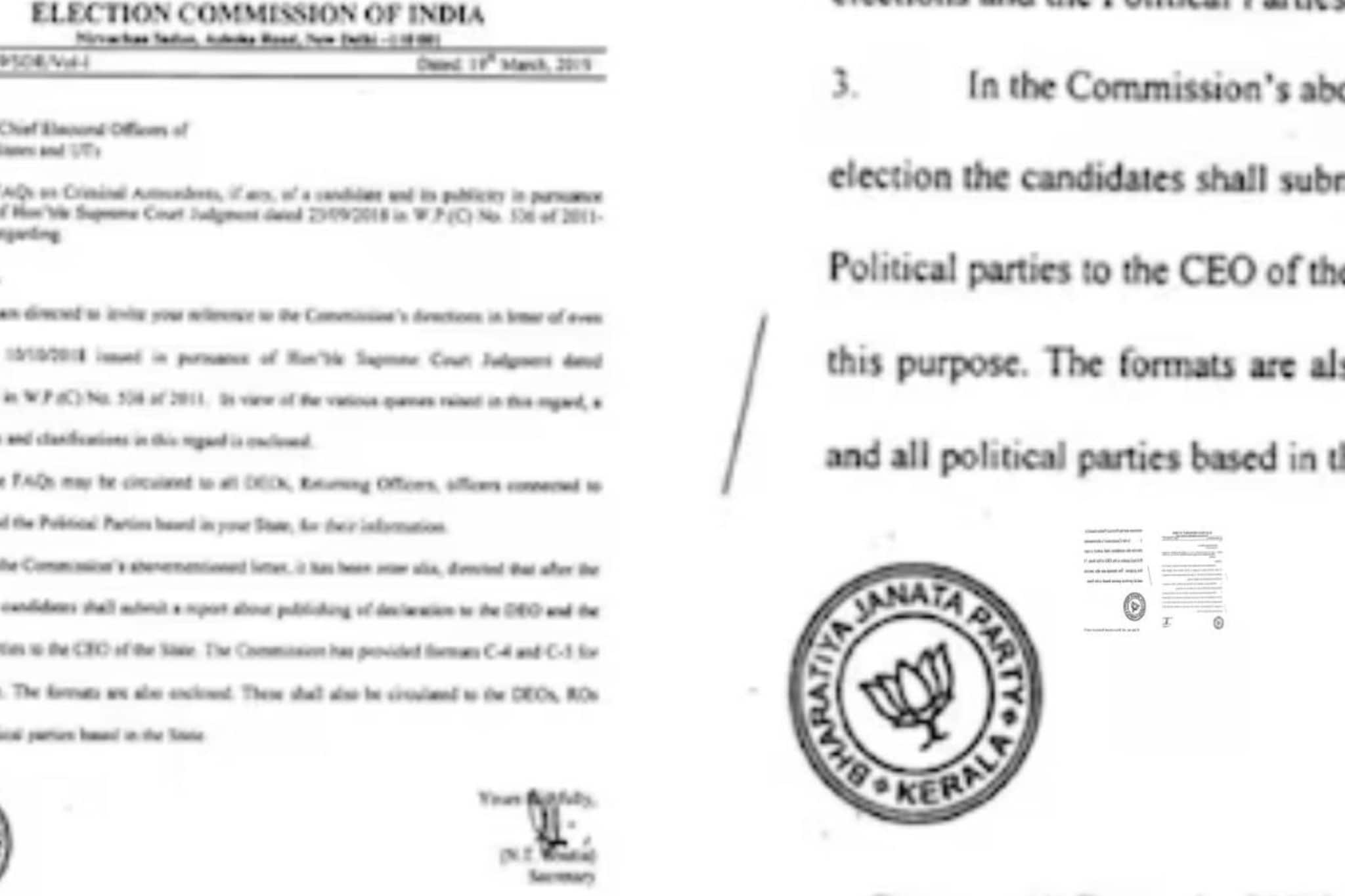 തിഞ്ഞെടുപ്പ് കമ്മിഷൻ്റെ വിജ്ഞാപനത്തിലെ BJP സീൽ, കത്തിന്റെ ചിത്രം പങ്കുവെച്ച സോഷ്യൽമീഡിയ അക്കൗണ്ട് ഉടമകൾക്ക് നോട്ടീ