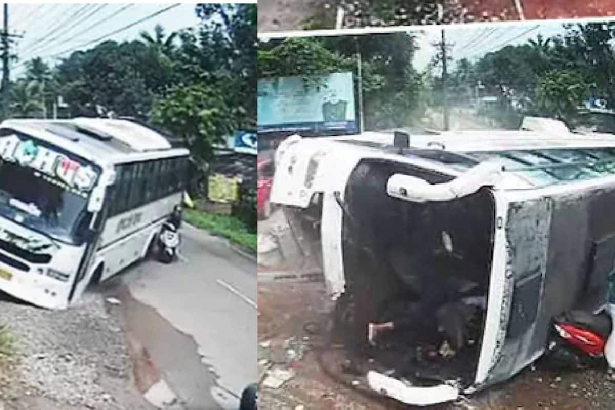 സ്കൂട്ടറിൽ ഇടിക്കാതിരിക്കാൻ വെട്ടിച്ച ബസ് പെട്രോൾ പമ്പിലേക്ക് ഇടിച്ചുകയറി മറിഞ്ഞ് 35 പേർക്ക് പരിക്ക് ;നാലുപേരുടെ നില ഗുരുതരം