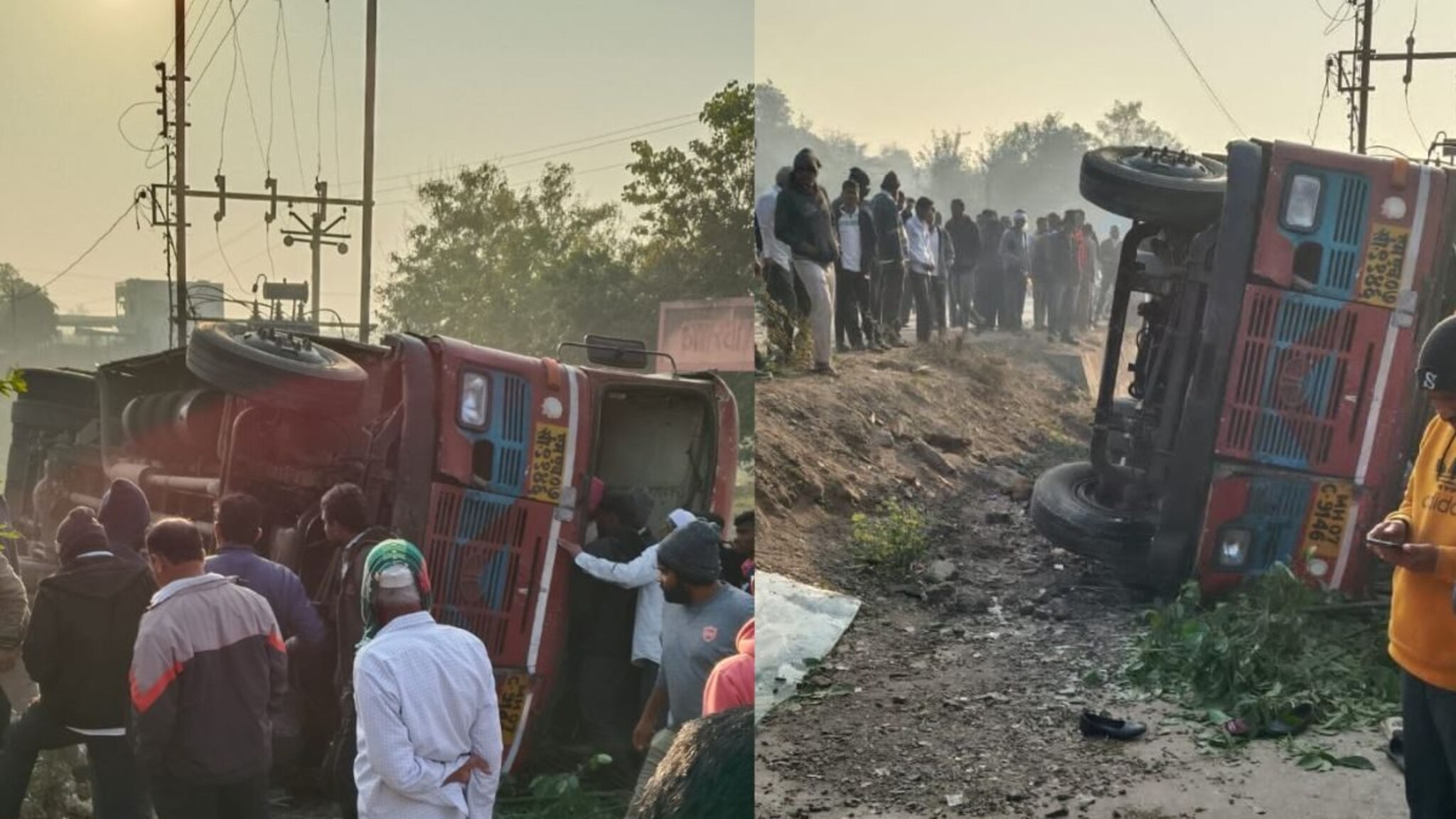 अहमदनगरमध्ये विद्यार्थ्यांनी भरलेल्या एसटीचा भीषण अपघात; बस पलटी, अपघाताचे पहिले  photos समोर