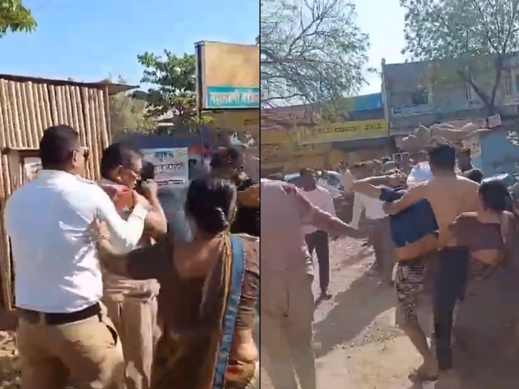 बुलेटचा दुचाकीला धक्का अन् रस्त्यावर सुरू झाली जबर हाणामारी; पोलिसांसमोरच एकमेकांना चोपलं, VIDEO