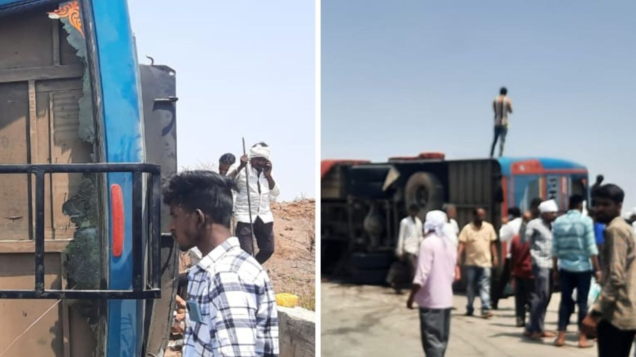 वळणावर घात झाला, भर उन्हात ट्रॅव्हल बस पलटली, 2 जणांचा मृत्यू, घटनास्थळाचे PHOTOS