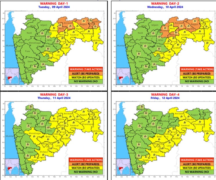 येत्या २४ तासात अकोला अमरावती, नागपूर, भंडारा, गोंदियात पावसाची शक्यता असून ऑरेंज अलर्ट देण्यात आला आहे. तर येत्या दोन दिवसात बुलढाणा, वाशिम, अमरावती, वर्धा, नागपूरमध्ये पावसाची शक्यता वर्तवण्यात आली आहे. 