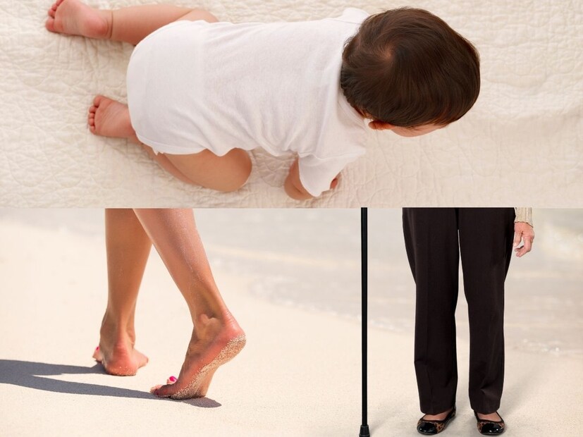 लहानपणी मूल गुडघ्यावर चालतं म्हणून त्याला 4 पाय असतात असं म्हणतात, तारुण्यात 2 पाय असतात आणि म्हातारपणात माणूस काठीच्या सहाय्याने चालतो म्हणून त्याला 3 पाय म्हणतात. (सर्व फोटो : प्रतीकात्मक)