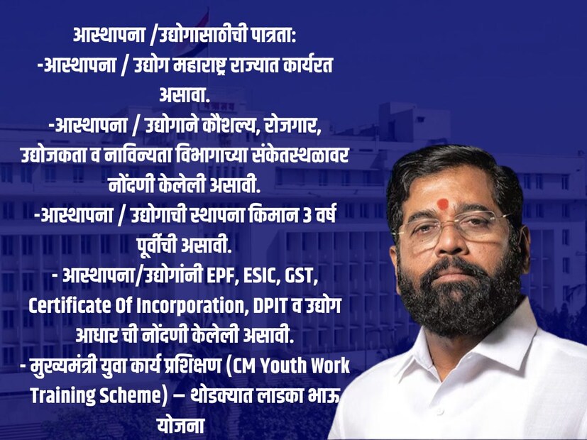 आस्थापना /उद्योगासाठीची पात्रता:-आस्थापना / उद्योग महाराष्ट्र राज्यात कार्यरत असावा. -आस्थापना / उद्योगाने कौशल्य, रोजगार, उद्योजकता व नाविन्यता विभागाच्या संकेतस्थळावर नोंदणी केलेली असावी. -आस्थापना / उद्योगाची स्थापना किमान ३ वर्ष पूर्वीची असावी. - आस्थापना/उद्योगांनी EPF, ESIC, GST, Certificate Of Incorporation, DPIT व उद्योग आधार ची नोंदणी केलेली असावी. - मुख्यमंत्री युवा कार्य प्रशिक्षण (CM Youth Work Training Scheme) – थोडक्यात लाडका भाऊ योजना 