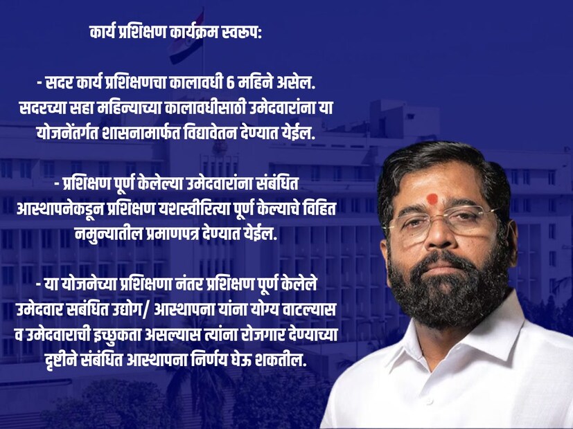 - प्रशिक्षण पूर्ण केलेल्या उमेदवारांना संबंधित आस्थापनेकडून प्रशिक्षण यशस्वीरित्या पूर्ण केल्याचे विहित नमुन्यातील प्रमाणपत्र देण्यात येईल.- या योजनेच्या प्रशिक्षणा नंतर प्रशिक्षण पूर्ण केलेले उमेदवार सबंधित उद्योग/ आस्थापना यांना योग्य वाटल्यास व उमेदवाराची इच्छुकता असल्यास त्यांना रोजगार देण्याच्या दृष्टीने संबंधित आस्थापना निर्णय घेऊ शकतील. - या योजनेंतर्गत प्रशिक्षण घेत असलेल्या उमेदवारांना किमान वेतन कायदा, राज्य कामगार विमा कायदा, कामगार भविष्य निर्वाह निधी कायदा, कामगार नुकसान भरपाई कायदा व औद्योगिक विवाद कायदा लागू राहणार नाही. - या कार्य प्रशिक्षण योजनेंतर्गत प्रशिक्षणार्थीना त्यांच्या शैक्षणिक अर्हतेप्रमाणे शासनामार्फत विद्यावेतन दिले जाईल. सदर विद्यावेतनाचे विवरण खालील प्रमाणे असेल. 